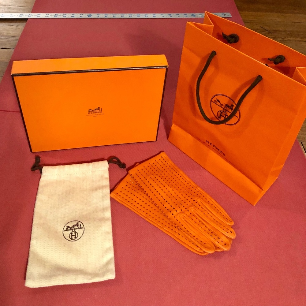 Hermes Orange Lambskin Leather Women's Gloves 7